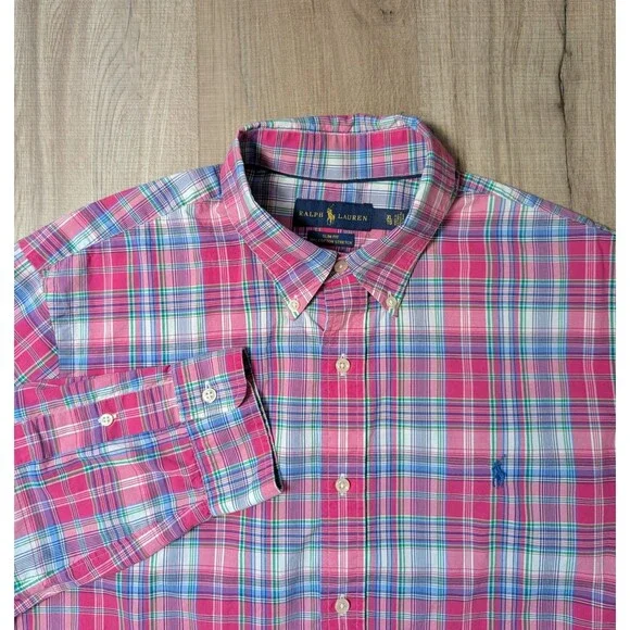 Polo Ralph Lauren Size XL Slim Fit Shirt Cotton Stretch Pink Plaid Button Up - Picture 1 of 8